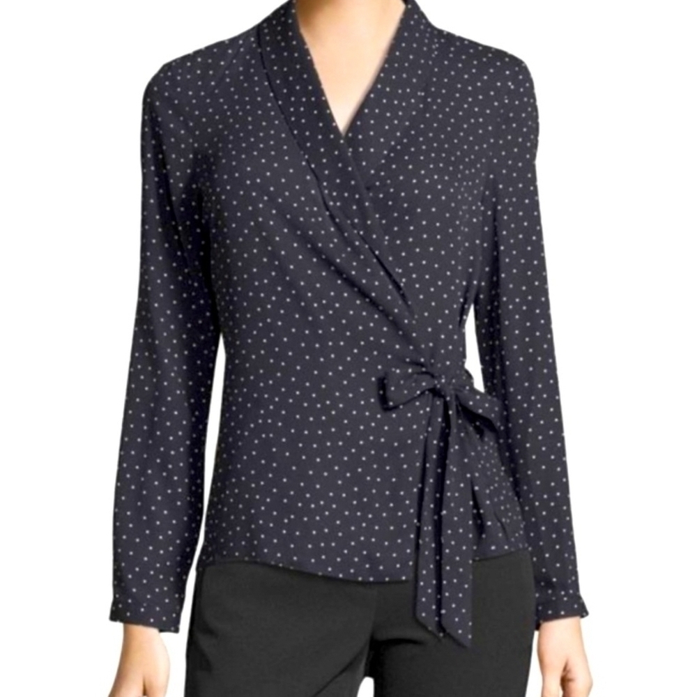ADRIANNA PAPELL  LONG SLEEVE WRAP BLOUSE ALL OVER PRINT